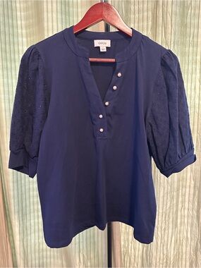 CeCe Navy Puff-Sleeve Button Detail Top